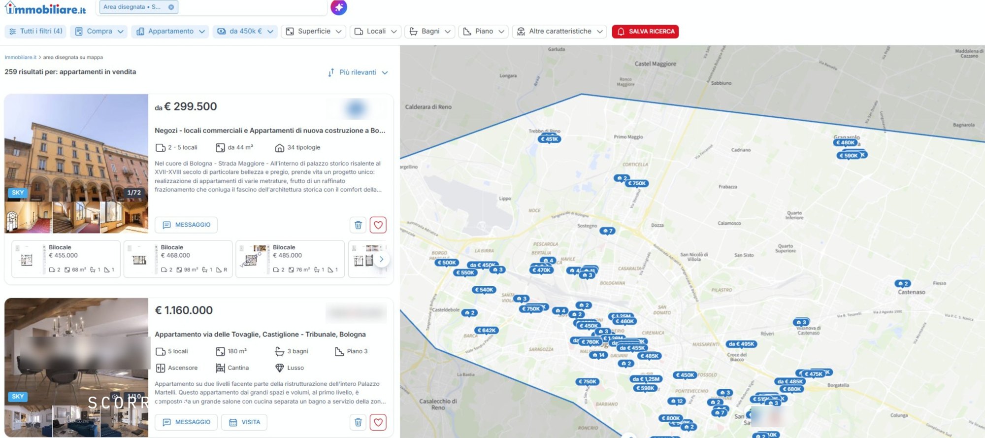 Lista dei risultati di Immobiliare.it per le nuove costruzioni a Bologna, con la mappa degli annunci